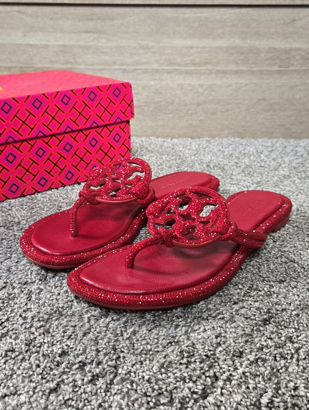 Tory Burch MILLER PAVÉ KNOTTED SANDAL Ruby Red NEW size 7.5